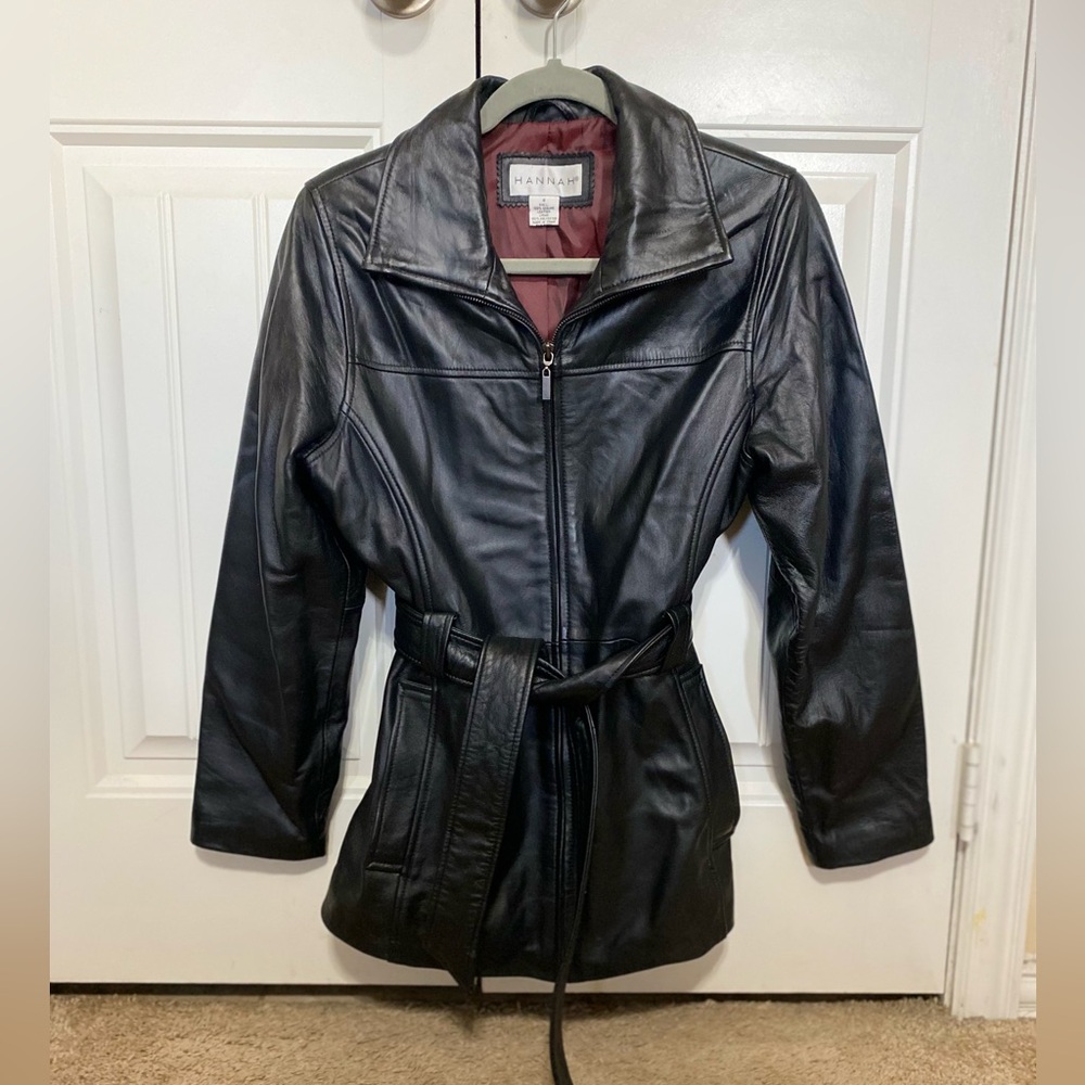 Hannah black belted genuine Leather Jacket S